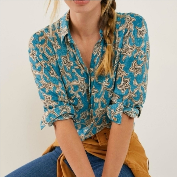 Anthropologie Pilcro Leilani Blue Motif Tunic Long Sleeve Button Down Shirt SM - Picture 2 of 15